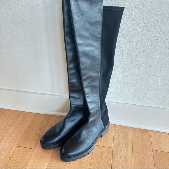 NEW Stuart Weitzman 5050 Over the Knee Black Leather Boots 9.5 Chunky Lug Sole - Picture 2 of 7